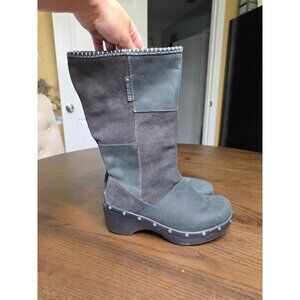 Womens Gray Leather & Suede Tall Boots With Studded Platform Heels
